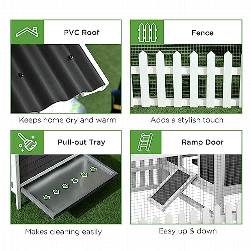 PawHut Wooden Chicken Coop with Run for 3-4 Chickens, Hen House with Nesting Box, Removable Tray, Fence, Outdoor Poultry Cage, 68" x 59" x 42", Gray PawHut