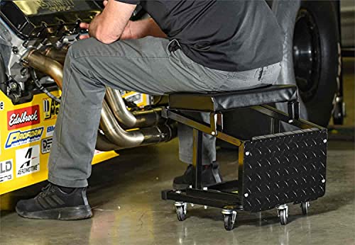 JEGS Mechanic Seat and Step Stool | 300 LBS Capacity | Padded Seat | Black Logo | Heavy-Duty Construction | Comfortable and Ergonomic Design | JEGS