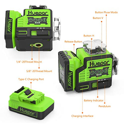 Huepar Laser Level Self Leveling 2x360°outdoor Bluetooth Green Beam Cross Line for Construction and Picture with Pulse Mode, 360° Horizontal and - WoodArtSupply