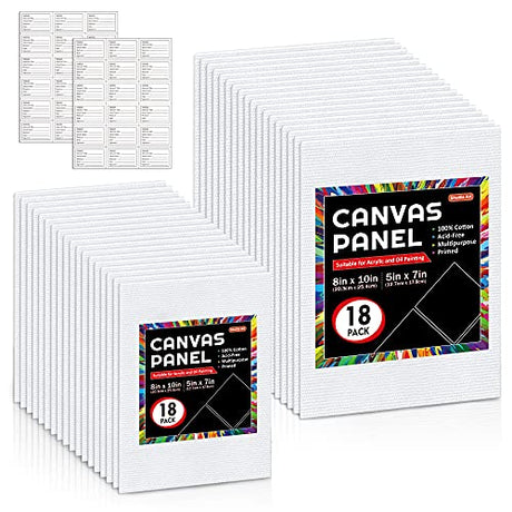 Shuttle Art Painting Canvas Panels, 36 Pack, 5x7, 8x10in (18 of Each), 100% Cotton, Primed White Canvas Boards for Painting, Blank Canvases for Kids, Shuttle Art
