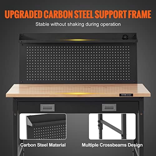 VEVOR Workbench Adjustable Height 28-39.5" Work Bench for Garage Oak Plank & Carbon Steel Heavy Duty Workbench 2000lbs Weight Capacity Bench top Size VEVOR