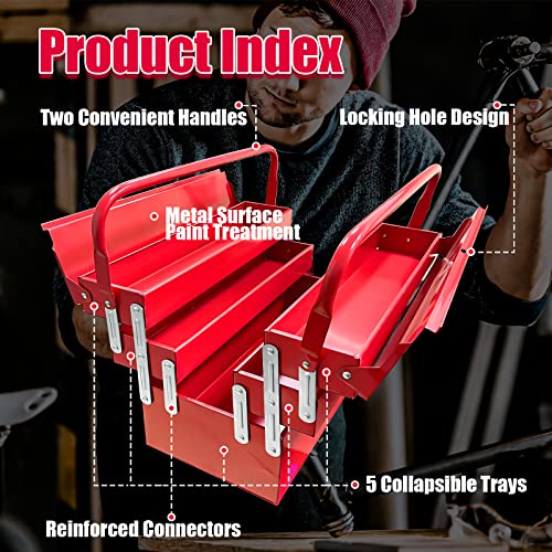 YATOINTO Metal Cantilever Tool Box, 18 Inch Tool Box, 3 Layers 5 Tray Portable Tool Box, Fold Out Tool Box Organizer Storage for Home Studio Auto YATOINTO