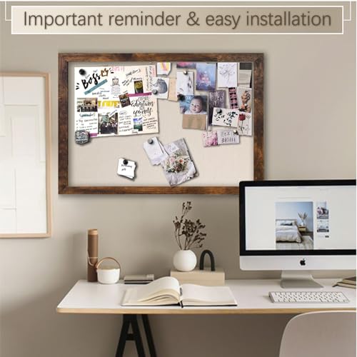 Marribol Large Magnetic Bulletin Board 36 x 24 Inch,Rustic Wood Framed Cork Board with Linen，Wall Mounted Notice Board with Pushpins for Home Office Marribol