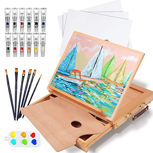 Falling in Art Tabletop Easel Set - 24 Pieces Starter Kit - Artist Acrylic Painting Kit with 12 Acrylic Paints Set, Canvas Panels, Brushes, Wooden - WoodArtSupply