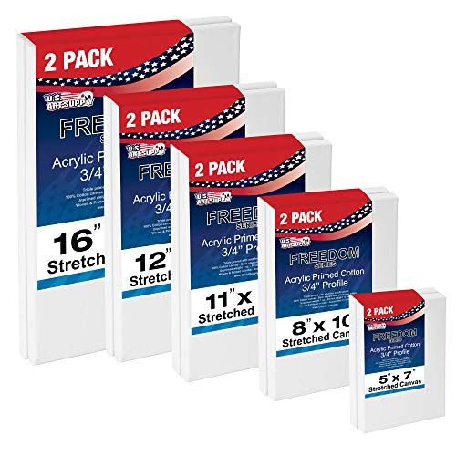 U.S. Art Supply Professional Quality Stretched Canvas, Multipack of 10 Medium Sizes, 2 Each 5x7, 8x10, 11x14, 12x16, 16x20 Inches - 12-Ounce Primed, U.S. Art Supply