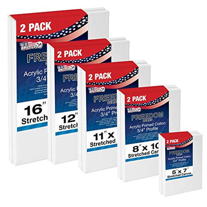 U.S. Art Supply Professional Quality Stretched Canvas, Multipack of 10 Medium Sizes, 2 Each 5x7, 8x10, 11x14, 12x16, 16x20 Inches - 12-Ounce Primed, - WoodArtSupply