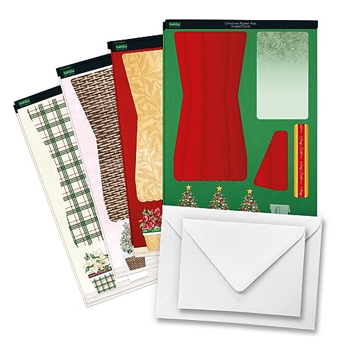 Katy Sue Christmas Flower Pots Card Making Kit - Contains 8 Cards & Envelopes, 4 Sheets Christmas Decoupage, 1 Sheet Decoupage Bows & 2 Sheets Foiled Katy Sue