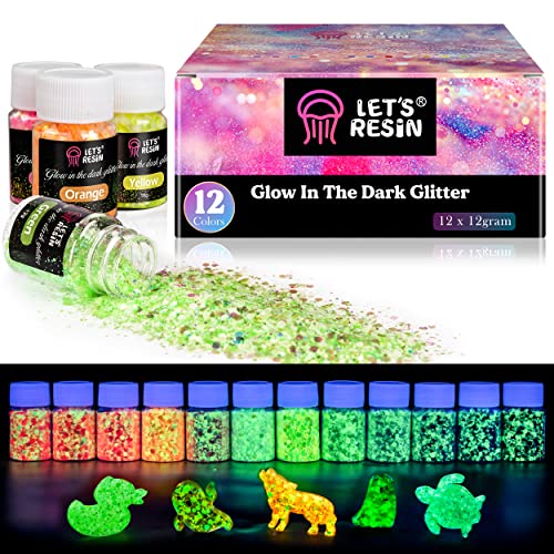 Glow in The Dark Glitter, LET'S RESIN 12 Colors Luminous Chunky Glitter, 0.42oz/Bottle High Luminance Glitter, Chunky Glitter for Resin, Nail, Skin, - WoodArtSupply