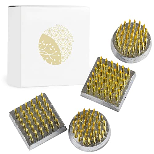 Wazakura 4PCS Mini Ikebana Kenzan Japanese Flower Holder, Made in Japan, Floral Arranging Pin Frog, Round Square - 1"(24mm) Brass Wazakura