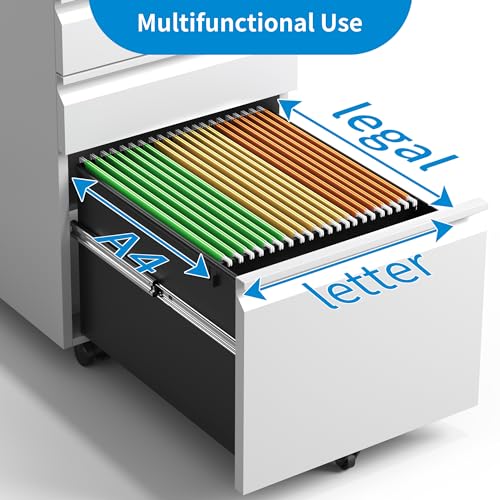 EKJ 3 Drawer Mobile File Cabinet, White Metal Under Desk Filing Cabinets with Wheels, Locking Slim Vertical File Cabinet for Home Office, Fully EKJ