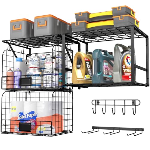 ThreeHio Garage Shelf Wall Mounted with Wire baskets, Heavy Duty Garage Wall Shelving with Garden Tool Rack and Hooks, Wire Shelf Baskets Tool ThreeHio