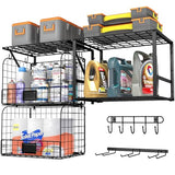 ThreeHio Garage Shelf Wall Mounted with Wire baskets, Heavy Duty Garage Wall Shelving with Garden Tool Rack and Hooks, Wire Shelf Baskets Tool ThreeHio