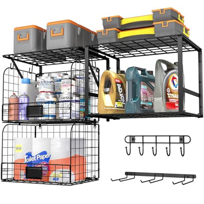 ThreeHio Garage Shelf Wall Mounted with Wire baskets, Heavy Duty Garage Wall Shelving with Garden Tool Rack and Hooks, Wire Shelf Baskets Tool