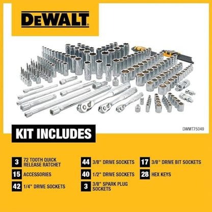 DEWALT Mechanics Tool Set, SAE and Metric, 1/2, 1/4, 3/8 Drive Sizes, 192-Piece, Chrome Vanadium Steel, (DWMT75049)