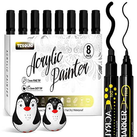 Tesquio Black Paint Marker, 8 Pack Dual Tip Acrylic Paint Pens, Ideal for Wood, Rock Painting, Canvas, Stone, Glass, Ceramic Tesquio