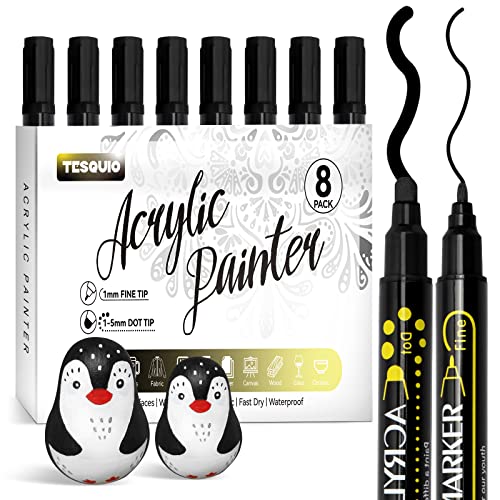 Tesquio Black Paint Marker, 8 Pack Dual Tip Acrylic Paint Pens, Ideal for Wood, Rock Painting, Canvas, Stone, Glass, Ceramic - WoodArtSupply