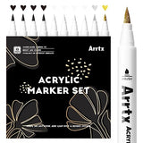 Arrtx Acrylic Paint Pens, 10 Pack Extra Brush Tip White Paint Markers Metallic for Rock Fabric Wood Glass Canvas Ceramic, 4 White 4 Black 1 Gold & 1 Arrtx