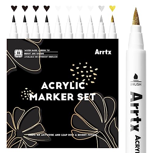 Arrtx Acrylic Paint Pens, 10 Pack Extra Brush Tip White Paint Markers Metallic for Rock Fabric Wood Glass Canvas Ceramic, 4 White 4 Black 1 Gold & 1 - WoodArtSupply