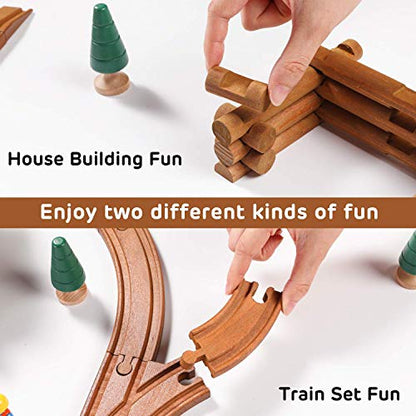 SainSmart Jr. 100 PCS Wooden Train Set with Log Cabin, Toddler Buildable Train Track - Real Wood Building Blocks Construction Toy for 3,4,5 Year Old - WoodArtSupply