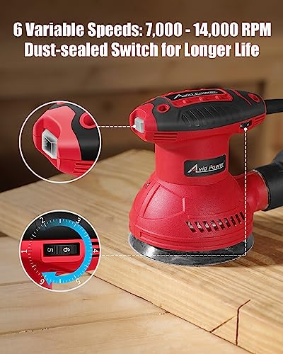 AVID POWER Orbital Sander 3.0 Amp 5 Inch Random Orbit Sander 6 Variable Speeds Electric Wood Sander Tool for Woodworking, 7000-14000 RPM, 12 Pcs AVID POWER