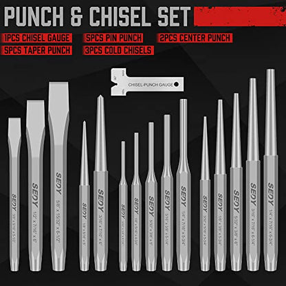 16-Piece Precision Punch & Chisel Set - Taper Punch, Pin Punch, Center Punch, Cold Chisels & Gauge for Versatile Applications