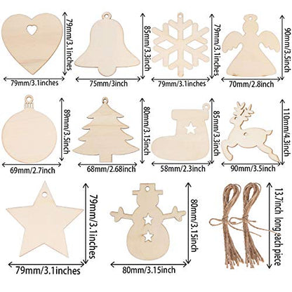 50 Pieces Christmas Wooden Ornaments Blanks Pendants Unfinished Wood Slices Hanging for Festivals DIY Crafts Decoration, 10 Styles