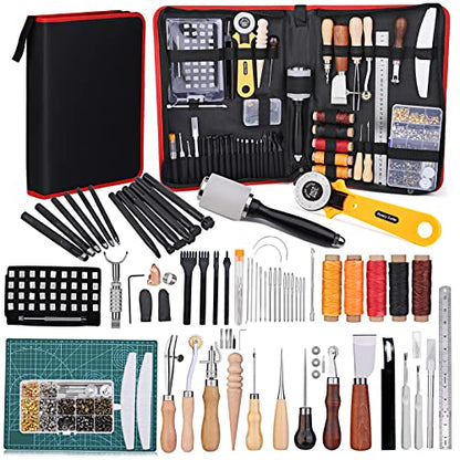 Leather Tooling Kit, Leather Working Tools, Leather Craft Tools Kits and Supplies with Leather Stamp Tools, Cutting Mat, Groover, and Rivets Kit for - WoodArtSupply