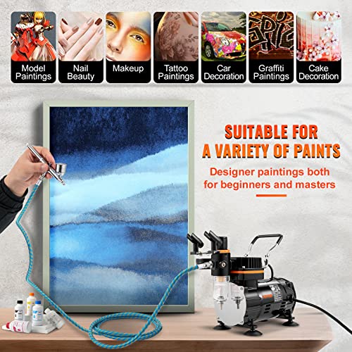 VEVOR Airbrush Kit, Professional Airbrush Set with 1/5 HP Compressor & 3 Airbrushes, Airbrushing System Kit with Multi-Purpose Dual-Action Gravity - WoodArtSupply