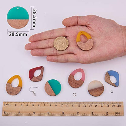 SUNNYCLUE 1 Bag 64Pcs 6 Colors Resin Wood Dangle Drop Earring Making Starter Kit Lightweight Round Drop Resin Wooden Pendant Charms Jewelry Making