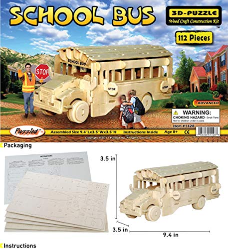 Puzzled 3D Puzzle School Bus Wood Craft Construction Model Kit, Fun, Unique & Educational DIY Wooden Toy Assemble Model Unfinished Crafting Hobby