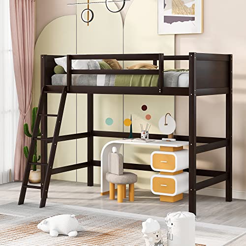 Merax Espresso Twin Modern Wood Loft Bed with Guardrail and Ladders Merax