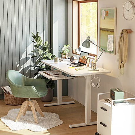 FEZIBO Standing Desk with Keyboard Tray, 55 × 24 Inches Electric Height Adjustable Desk, Sit Stand Up Desk, Computer Office Desk, White FEZIBO