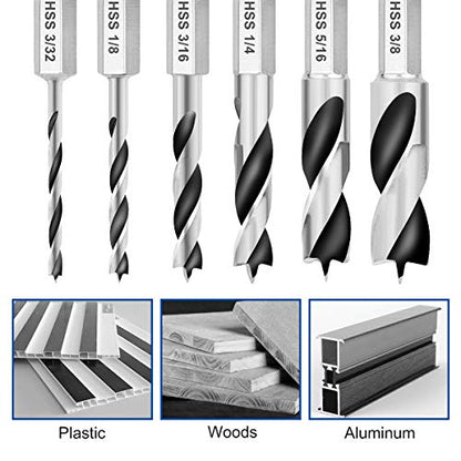 COMOWARE Brad Point Stubby Drill Bit Set for Wood, 6pcs HSS 4241 Steel with 1/4-Inch Quick Change Hex Shank - WoodArtSupply