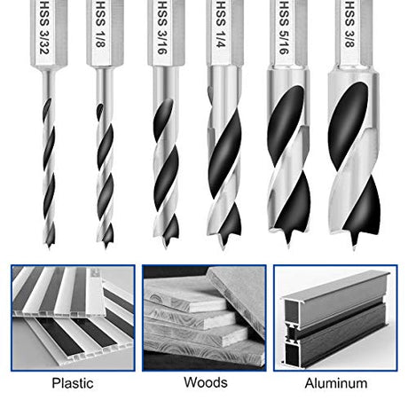 COMOWARE Brad Point Stubby Drill Bit Set for Wood, 6pcs HSS 4241 Steel with 1/4-Inch Quick Change Hex Shank COMOWARE