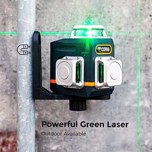 CIGMAN Laser Level Self Leveling 3x360° 3D Green Cross Line for Construction and Picture Hanging, Rechargeable battery, Remote Controller, Magnetic - WoodArtSupply