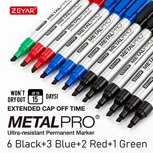 ZEYAR Permanent Markers, Chisel Tip, Set of 12, 4 Colors, Waterproof & Smear Proof Ink, Aluminum Barrel, Quick Drying, Marking on Plastic, Stone, Meta