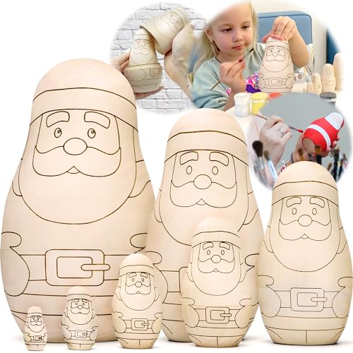 AEVVV Unfinished Christmas Nesting Dolls Blank Set 7 pcs - Christmas Crafts to Paint Your Own Matryoshka Santa Claus - Blank Russian Nesting Dolls AEVVV
