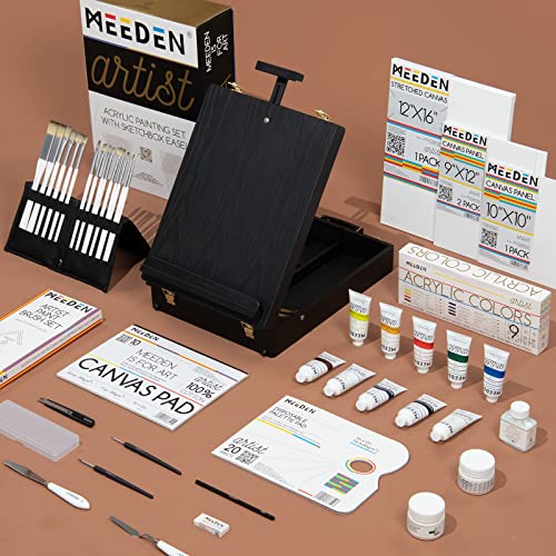 MEEDEN Acrylic Painting Set, Deluxe Painting Kit with Wood Easel Box, Artist Grade Acrylic Paints, Paintbrushes, Canvas, Palettes, Gel Medium and - WoodArtSupply