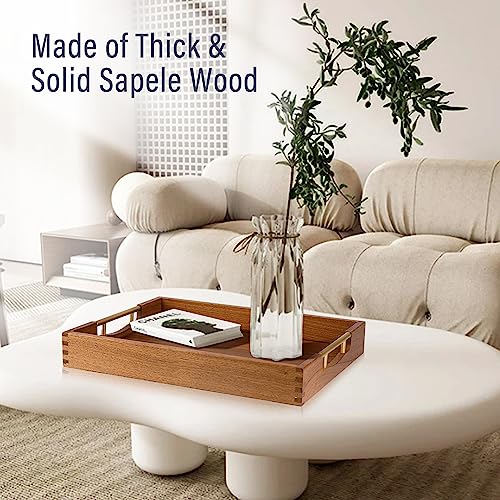 LotFancy Wood Serving Tray, 17x13”, Sapele Mahogany Large Food Tray with Gold Handles, Decorative Wooden Tray for Living Room, Ottoman, Coffee Table, LotFancy