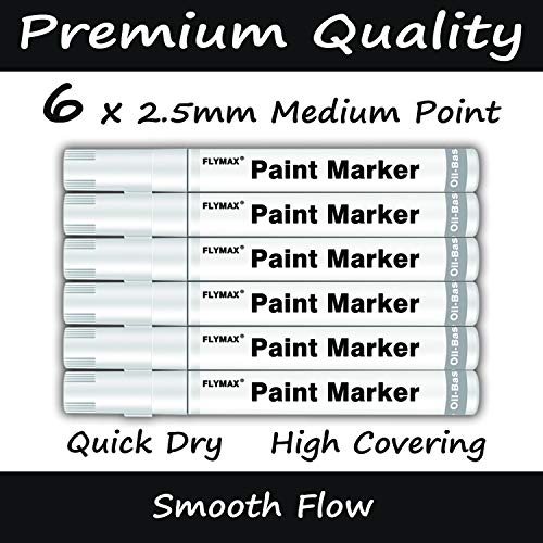 White Paint Pens, 6 Pack 2.5mm Medium Tip White Paint Marker Permanent for Wood Rock Plastic Leather Glass Stone Metal Canvas Ceramic Fabric Tire FLYMAX