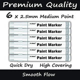 White Paint Pens, 6 Pack 2.5mm Medium Tip White Paint Marker Permanent for Wood Rock Plastic Leather Glass Stone Metal Canvas Ceramic Fabric Tire FLYMAX