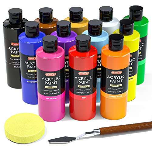 Shuttle Art Acrylic Paint, 12 Colors Acrylic Paint Large Bottle Set, 473ml/16oz Each, Rich Pigments, High Viscosity, Bulk Paint for Artists, - WoodArtSupply