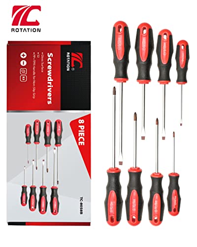 ROTATION 8-Piece Magnetic Screwdrivers Set with red tip, 4 Phillips and 4 Slotted Tips, Professional Cushion Grip Screwdriver Set with High Torque ROTATION