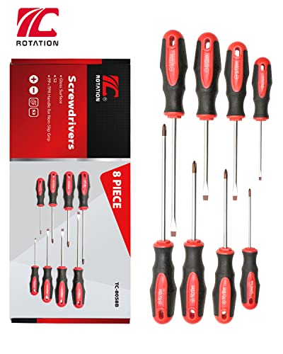 ROTATION 8-Piece Magnetic Screwdrivers Set with red tip, 4 Phillips and 4 Slotted Tips, Professional Cushion Grip Screwdriver Set with High Torque