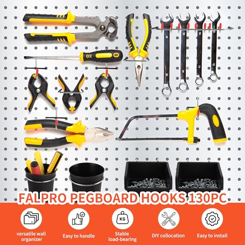 FALPRO 130PCS Pegboard Hooks Assortment - Peg board Hooks for Hanging Tools with Pegboard Bins & Cups,1/8-Inch Pegboard Wall Organizer - Ideal for Organizing in the Garage Kitchen Workbench Craft Room