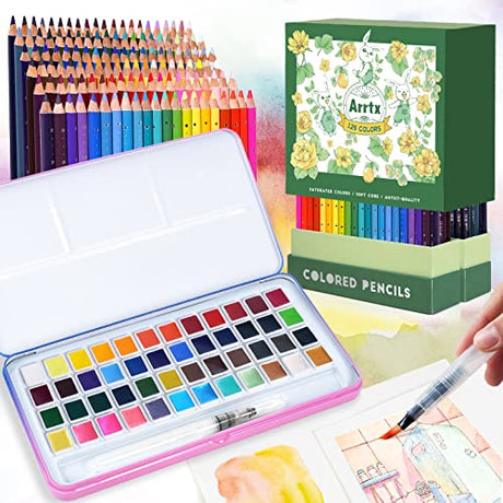 Bundle of Arrtx Professional 126 Colors Colored Pencils with MeiLiang Watercolor Paint Set, 48 Vivid Colors Perfect as Art Gift, Suitable for Arrtx
