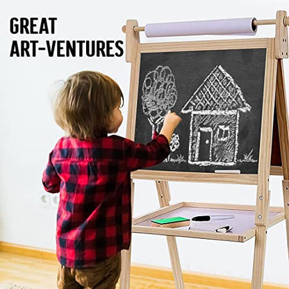 Kraftic Deluxe Standing Art Easel for Kids - Toddler Drawing Chalkboard, Magnetic Whiteboard, Dry Erase Board, Paper Roll and Accessories - WoodArtSupply