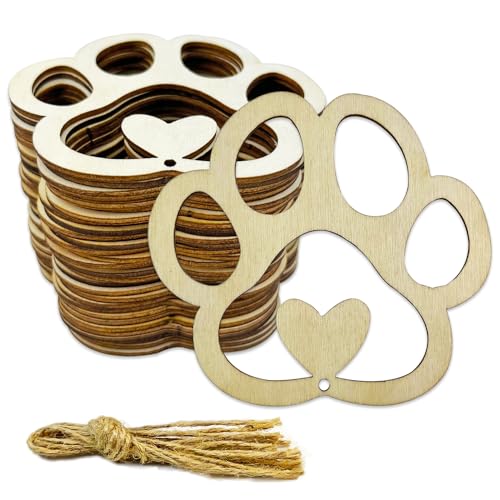 30pcs Heart Paw Shaped Wooden Cutouts Dog Cat Claws Cutouts Unfinished Wood Pet Paw Wood DIY Craft Embellishments Gift Ornaments Decoration, 3.9 x JEKEJIAJIU