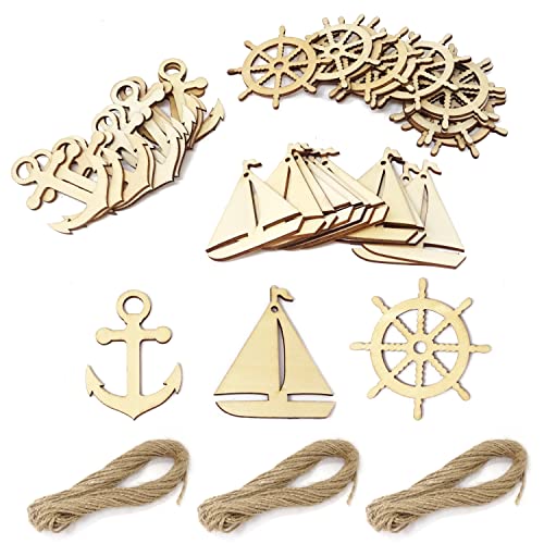 yueton 36PCS 3 Styles Nautical Themed Unfinished Wood Cutouts Wood Slices Wood Chips, Sailboat Rudder Anchor Wooden Cutouts, Wooden Hanging yueton