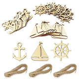 yueton 36PCS 3 Styles Nautical Themed Unfinished Wood Cutouts Wood Slices Wood Chips, Sailboat Rudder Anchor Wooden Cutouts, Wooden Hanging yueton